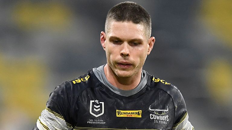 TOWNSVILLE, AUSTRALIA - MAY 29: Ben Hampton of the Cowboys looks on during the round three NRL match between the North Queensland Cowboys and the Gold Coast Titans at QCB Stadium on May 29, 2020 in Townsville, Australia. (Photo by Ian Hitchcock/Getty Images)