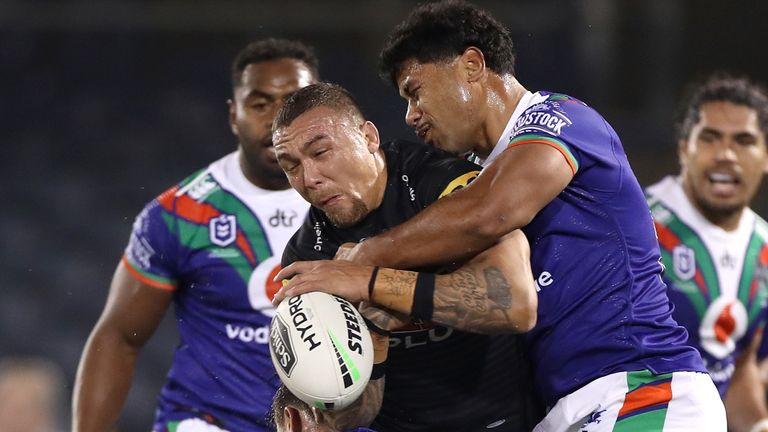 SYDNEY, AUSTRALIA - JUNE 05: James Fisher-Harris of the Panthers drops the ball during the round four NRL match between the Penrith Panthers and the New Zealand Warriors at Campbelltown Stadium on June 05, 2020 in Sydney, Australia. (Photo by Mark Kolbe/Getty Images)
