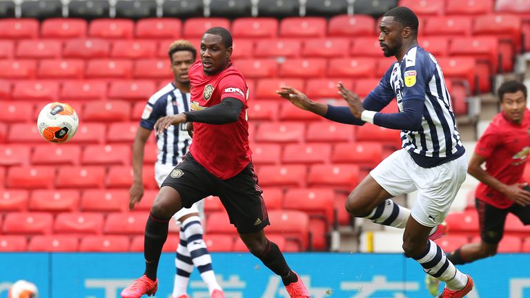 Odion Ighalo, who recently extended his loan deal at Old Trafford, looks to shoot during the friendly