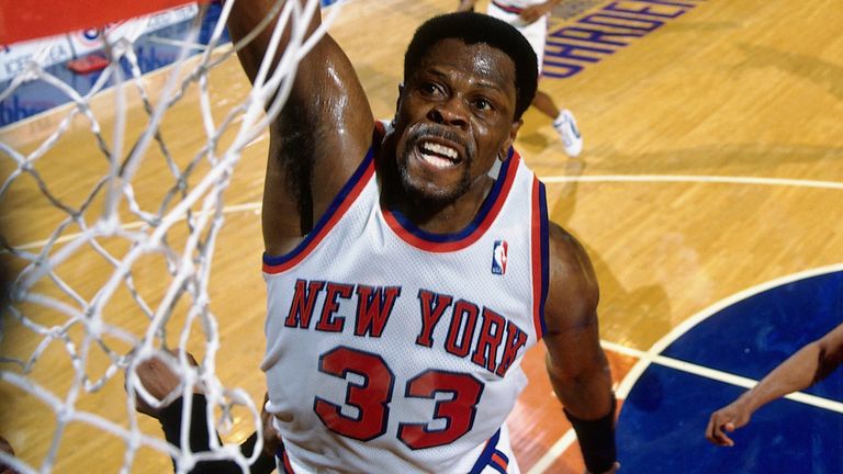 Patrick Ewing throws down a dunk for the Knicks against the Miami Heat