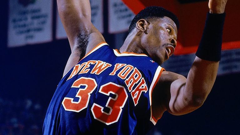 Patrick Ewing grabs a rebound for the New York Knicks