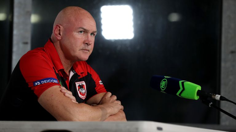 GOSFORD, AUSTRALIA - MAY 30: Dragons coach Paul McGregor holds a post match interview during the round three NRL match between the New Zealand Warriors and the St George Illawarra Dragons at Central Coast Stadium on May 30, 2020 in Gosford, Australia. (Photo by Mark Kolbe/Getty Images)