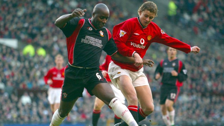 Southampton's Paul Williams shields the ball from Manchester United's Ole Gunnar Solskjaer