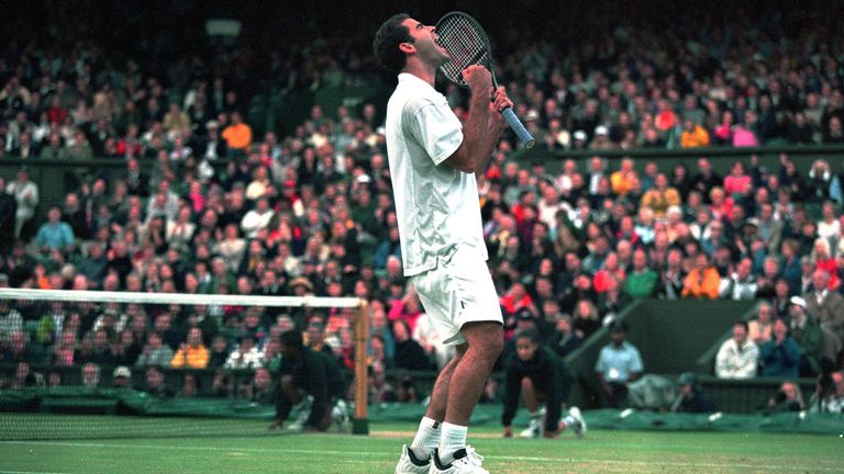 Pete Sampras of the USA gets fired up during the mens final match against Patrick Rafter of Australia at the Wimbledon Lawn Tennis Championship at the All England Lawn Tennis and Croquet Club, Wimbledon, London.