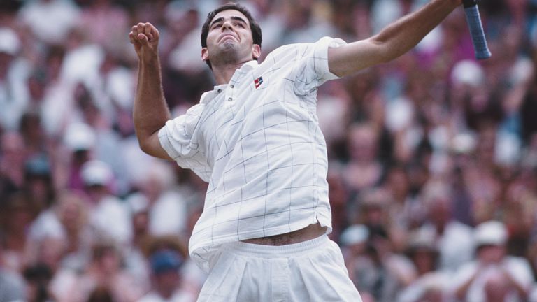 Pete Sampras of the United States celebrates his win over Goran Ivanisevic in their Semi Final match during the Wimbledon Lawn Tennis Championship on 7 July 1995 at the All England Lawn Tennis and Croquet Club in Wimbledon, London, England. 