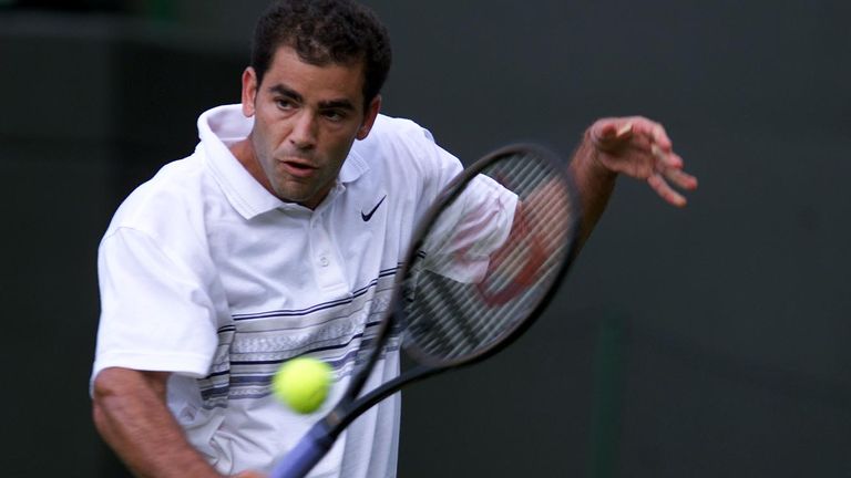 World number one, top seed and defending champion Pete Sampras of the US on his way to the second round of the men's singles with a convincing 6-3,6-3,6-2 win over Slovakia's Dominik Hrbaty on Centre Court at the Wimbledon Tennis Championships which began 22 June. Sampras won in three straight sets 6-3,6-3,5-2.
