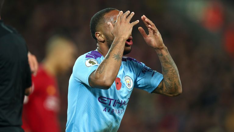 Manchester City's Raheem Sterling shows his frustration