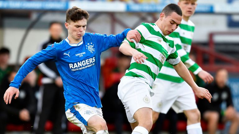 Rangers Josh McPake and Celtic's Dylan Forrest in action during the 2018 U17s Glasgow Cup final