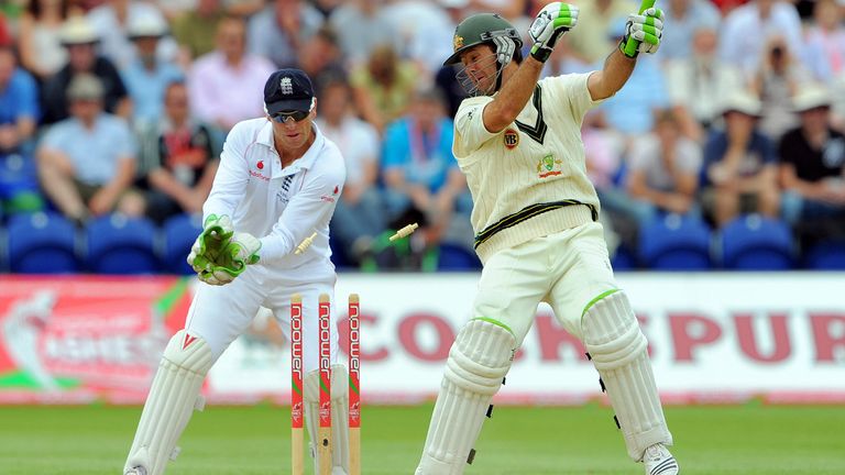 Ricky Ponting is bowled by Monty Panesar in the 2009 Ashes Test in Cardiff