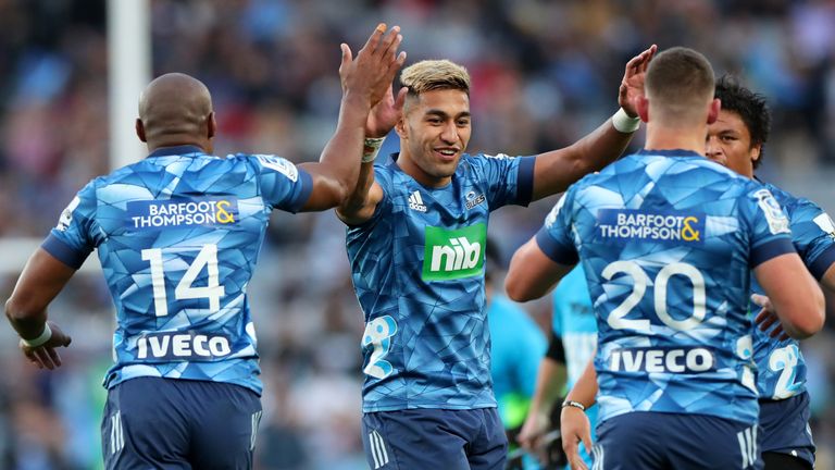 Rieko Ioane of the Blues celebrates after Dalton Papalii scores