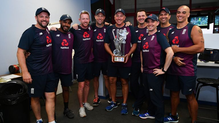 Rob Ahmun (right) joins England head coach Chris Silverwood (centre) and the rest of the backroom staff after this winter's win over South Africa