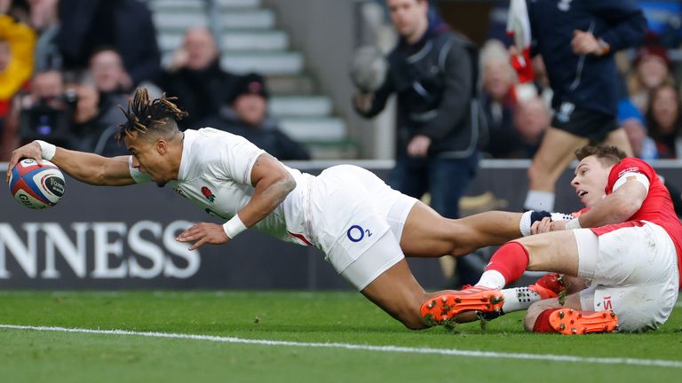 Anthony Watson scores a try against Wales during the 2020 Six Nations