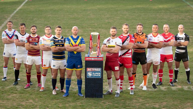 Club captains Wakefield Trinity's Jacob Miller, Toronto Wolfpack's Josh McCrone, Huddersfield Giants' Aidan Sezer, Catalans Dragons' Remi Casty, Leeds Rhinos' Stevie Ward, Warrington Wolves' Chris Hill, Wigan Warriors' Sean O'Loughlin, Salford Red Devils' Lee Mossop, Castleford Tigers' Michael Shenton, Hull Kingston Rovers' Weller Hauraki, St Helens' James Roby, Hull FC's Danny Houghton during the 2020 Betfred Super League Launch at Emerald Headingley Stadium, Leeds.