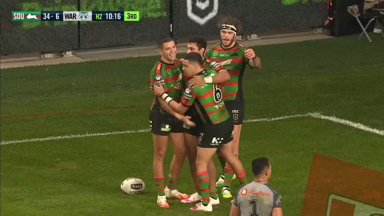 Alex Johnston collected Cody Walker&#39;s clever kick to score South Sydney&#39;s seventh and final try as the Rabbitohs completed a comfortable win over the New Zealand Warriors.