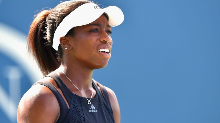 Sachia Vickery of the United States reacts during her match against Natalia Vikhlyantseva of Russia on Day One of the 2017 US Open at the USTA Billie Jean King National Tennis Center on August 28, 2017 in the Flushing neighborhood of the Queens borough of New York City