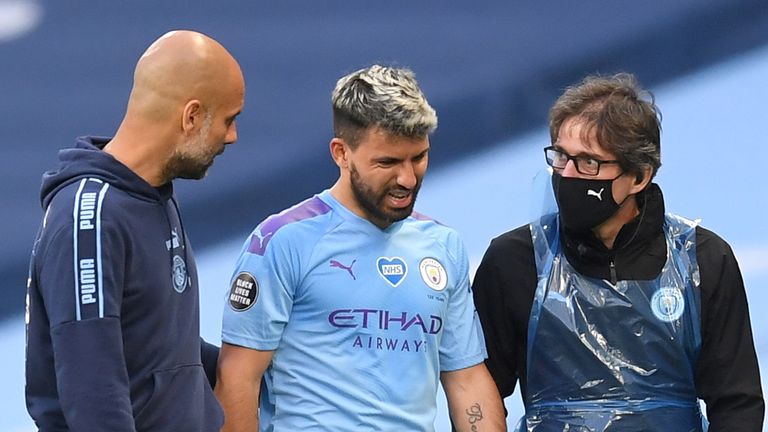 Pep Guardiola shows concern for Sergio Aguero as he limps off against Burnley