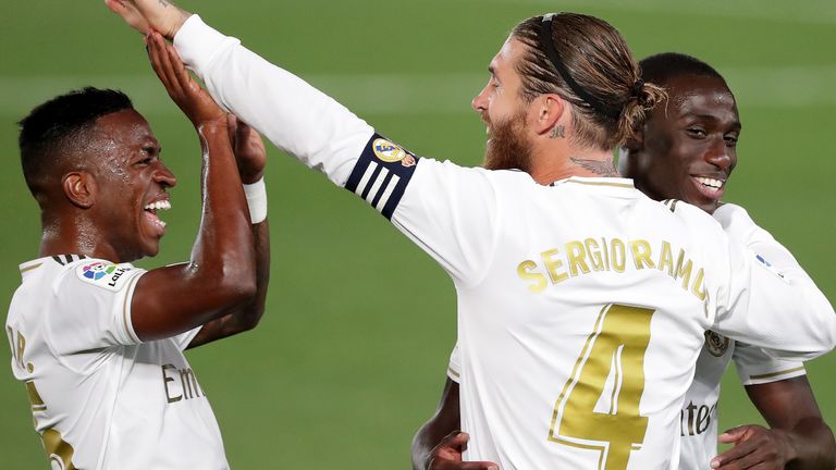 Ramos is congratulated by Vinicius Junior after extending Madrid's lead