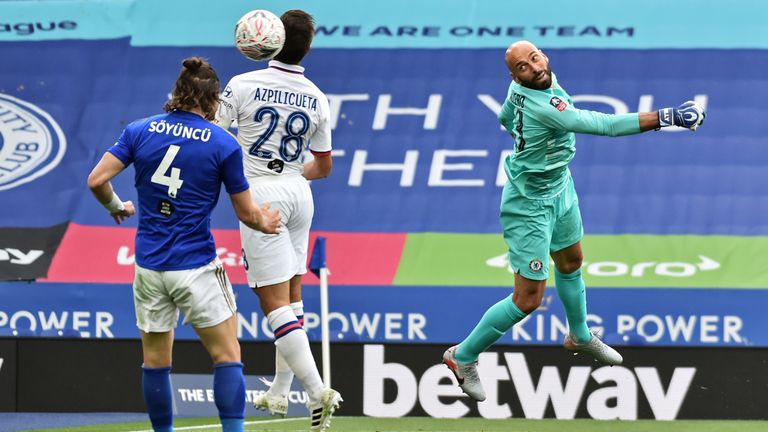 Soyuncu's header is blocked by Chelsea's Cesar Azpilicueta