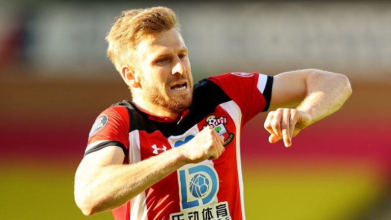 Stuart Armstrong celebrates after putting Southampton 2-0 up at Norwich