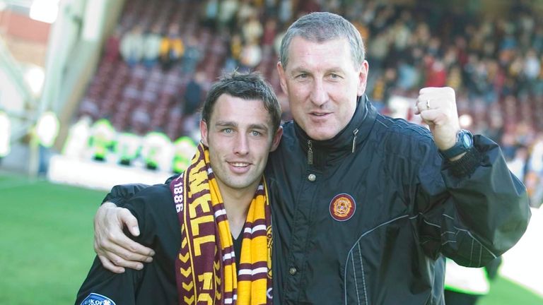 22/05/05 SPL.MOTHERWELL V CELTIC (2-1).FIR PARK - MOTHERWELL.Motherwell boss Terry Butcher (right) with the man who turned the championship on its head with two late goals, Scott McDonald.