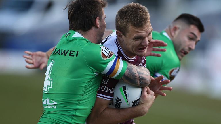 SYDNEY, AUSTRALIA - JUNE 21: Tom Trbojevic of the Sea Eagles on his way to scoring during the round six NRL match between the Canberra Raiders and the Manly Sea Eagles at Campbelltown Stadium on June 21, 2020 in Sydney, Australia. (Photo by Cameron Spencer/Getty Images)