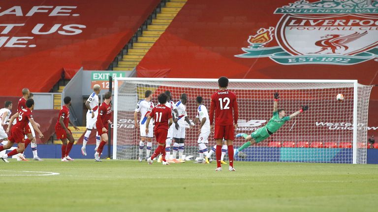 Trent Alexander-Arnold scores a free-kick against Crystal Palace