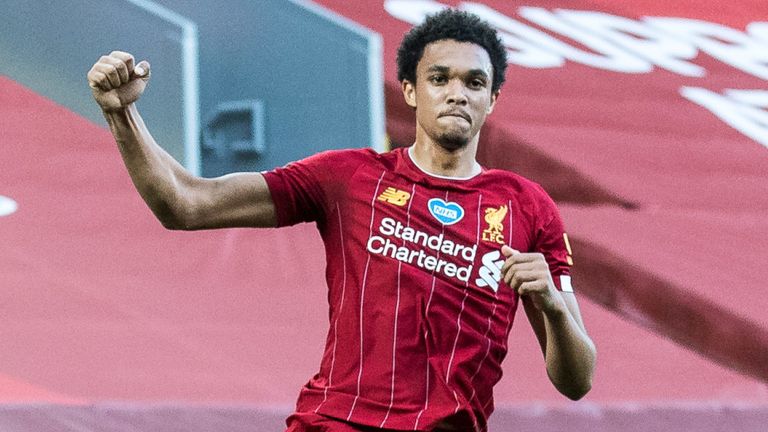 Trent Alexander-Arnold celebrates after scoring for Liverpool against Crystal Palace