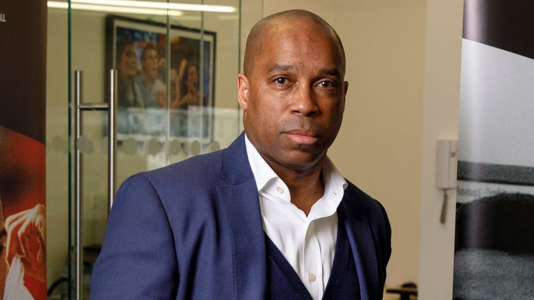 Troy Townsend, head of development for Kick It Out, English football...s equality and inclusion organisation, poses for a portrait in his office on April 8th 2019 in London (Photo by Tom Jenkins) 