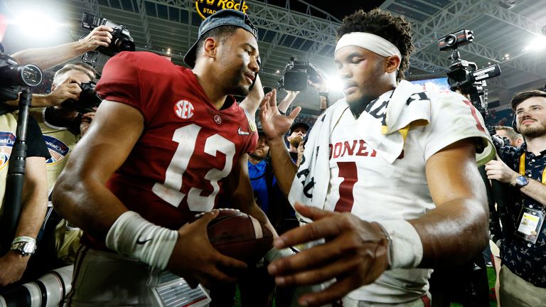 Tua Tagovailoa and Kyler Murray during the College Football Playoff Semifinal at the Capital One Orange Bowl at Hard Rock Stadium on December 29, 2018 in Miami, Florida.