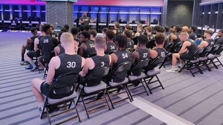 Victor Bamigboye talking to potential NFL Academy students at last June's launch day