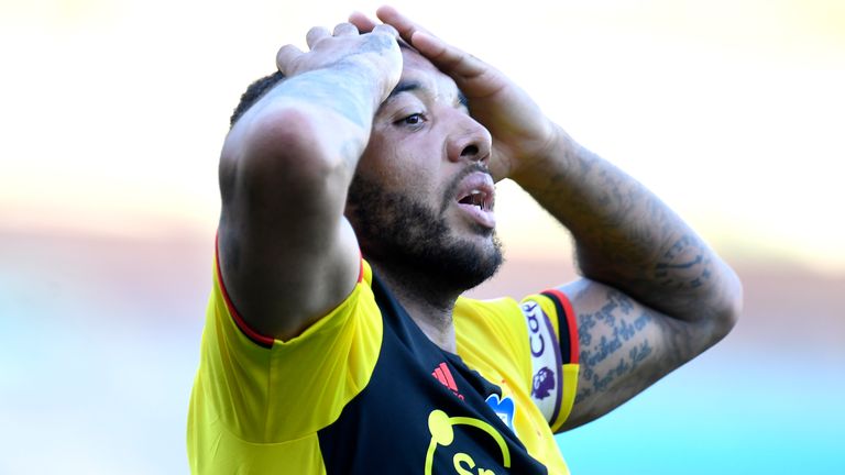 Troy Deeney reacts after his header is cleared off the line in Watford's game against Burnley