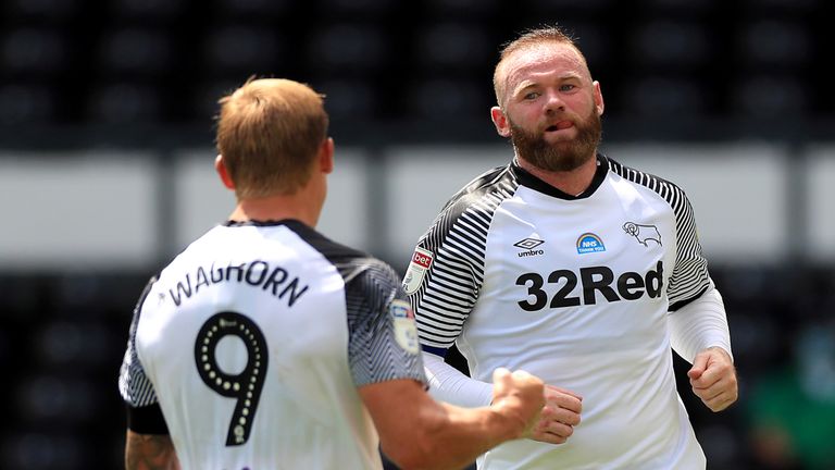 Derby County's Wayne Rooney celebrates scoring his side's second goal of the game from the penalty spot during the Sky Bet Championship match at Pride Park, Derby. PA Photo. Issue date: Saturday June 27, 2020. See PA story SOCCER Derby. Photo credit should read: Mike Egerton/PA Wire. RESTRICTIONS: EDITORIAL USE ONLY No use with unauthorised audio, video, data, fixture lists, club/league logos or "live" services. Online in-match use limited to 120 images, no video emulation. No use in betting, games or single club/league/player publications.