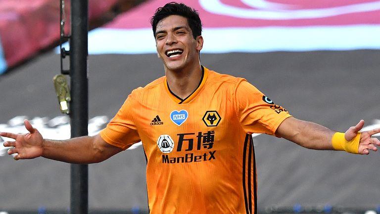 Raul Jimenez celebrates his opener for Wolves at West Ham