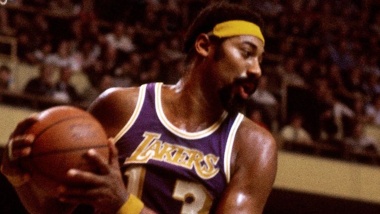 Wilt Chamberlain in action for the Los Angeles Lakers against the Boston Celtics
