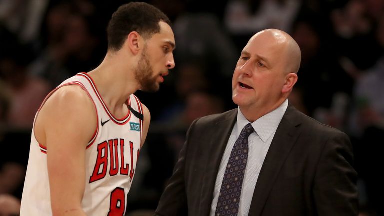 Jim Boylen exchanges words with Zach LaVine during a Chicago Bulls game