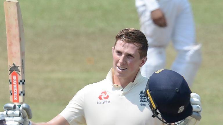 England's Zak Crawley celebrates after scoring a century (100 runs) during the opening day of a four-day practice match between Sri Lanka Board President's XI and England at the P. Sara Oval Cricket Stadium in Colombo on March 12, 2020. 