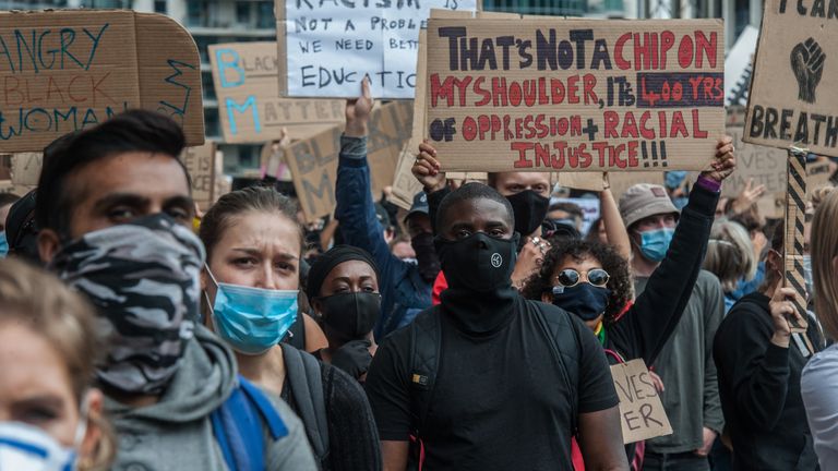 Protesters gather at the embassy of the United States of America in London as thousands join the Black Lives Matter protests on June 7