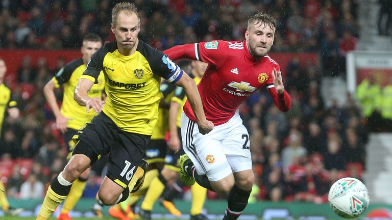 Luke Varney in action for former side Burton Albion against Manchester United in 2017 