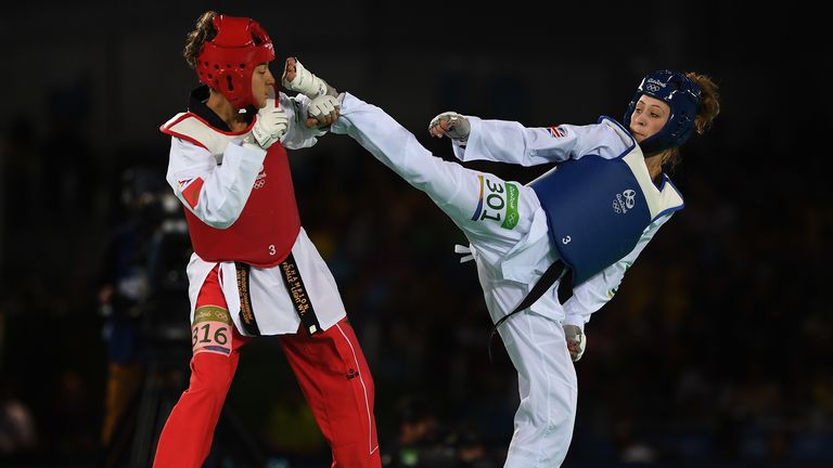 Jones competing against Naima Bakkal of Morocco during the Womens 57kg Taekwondo in Rio