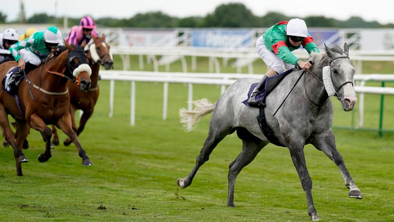Connor Beasley riding Wentworth Falls (green/white cap) win The attheraces.com Handicap at Doncaster Racecourse. PA Photo. Issue date: Tuesday June 30, 2020. See PA story RACING Doncaster. Photo credit should read: Alan Crowhurst/PA Wire