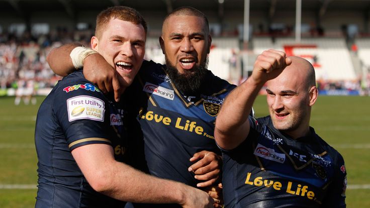 (From left to right) Hull FC's Scott Taylor, Frank Pritchard and Danny Houghton celebrate victory after the First Utility Super League match at the KC Lightstream Stadium, Hull. PRESS ASSOCIATION Photo. Picture date: Friday March 25, 2016. See PA story RUGBYL Hull KR. Photo credit should read: Richard Sellers/PA Wire. RESTRICTIONS: Editorial use only. No commercial use. No false commercial association. No video emulation. No manipulation of images.