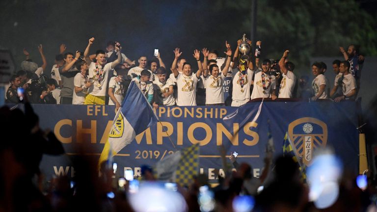 Leeds United players celebrated on an open top bus