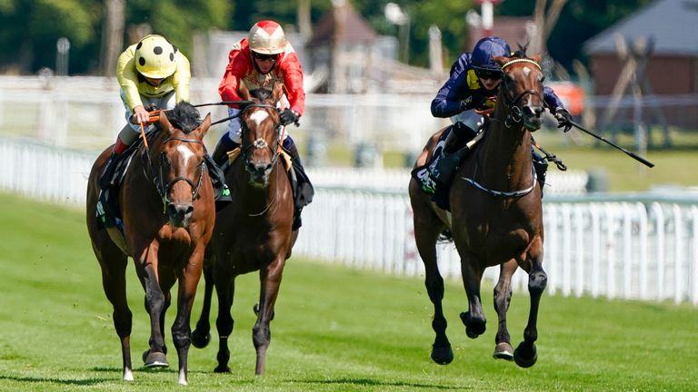 Mambo Nights ridden by Andrea Atzeni (left) win The Unibet 3 Boosts A Day Handicap at Goodwood Racecourse on July 29, 2020 in Chichester, England. Owners are allowed to attend if they have a runner at the meeting otherwise racing remains behind closed doors to the public due to the Coronavirus pandemic. (Photo by Alan Crowhurst/Getty Images)