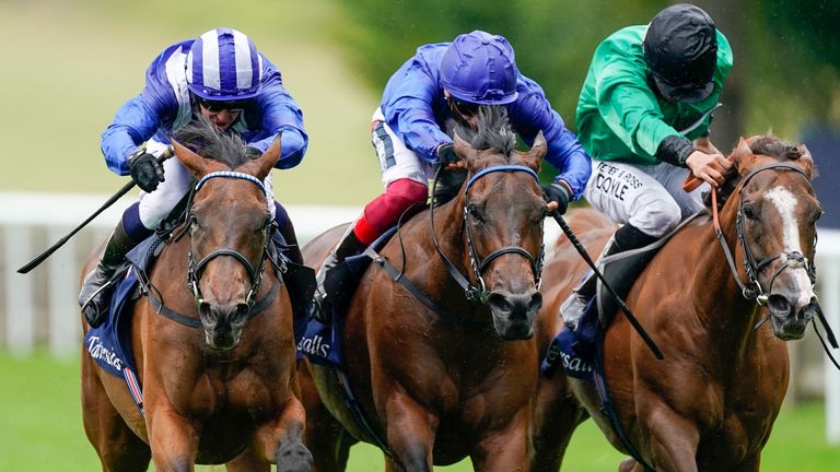Nazeef (left) edges a Falmouth Stakes thriller