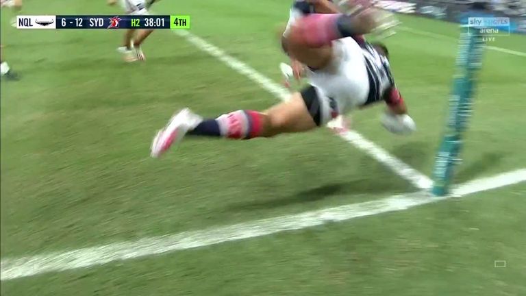 Matt Ikuvalu dives over for the Roosters' first try of the second half