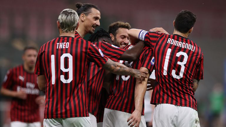 AC Milan players celebrate after Ante Rebic scored to give the side a 4-1 lead against Bologna