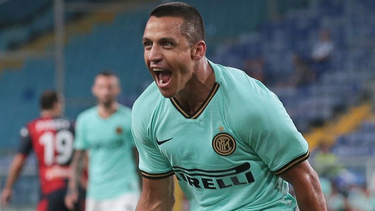 Chilean striker Alexis Sanchez of Internazionale celebrates after scoring to give the side a 2-0 lead during the Serie A match at Luigi Ferraris, Genoa. Picture date: 25th July 2020. Picture credit should read: Jonathan Moscrop/Sportimage