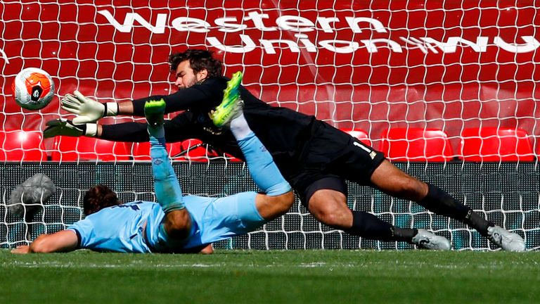 Alisson Becker of Liverpool makes a save from Jay Rodriguez of Burnley