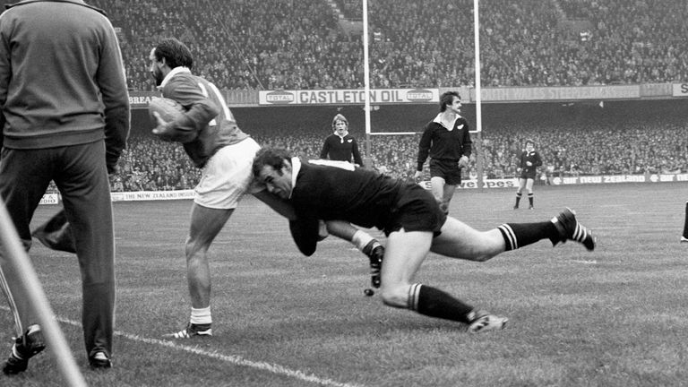 Andy Haden tackles Clive Rees during the infamous match at Cardiff Arms Park in November 1978 