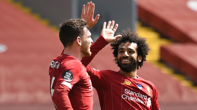Andy Robertson celebrates scoring with Mohamed Salah against Burnley